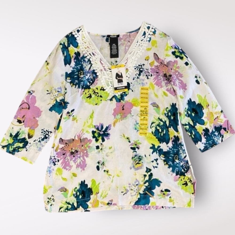 Premise NWT Floral Linen Tunic Top‎ Size M Floral Spring Casual